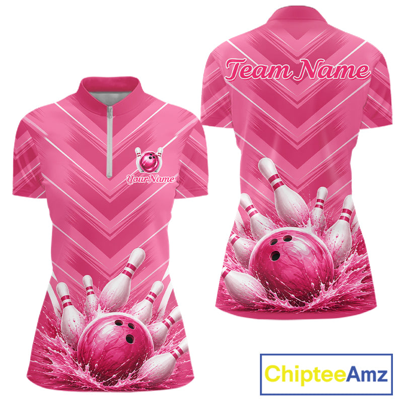 Custom Pink Bowling Shirt For Women, Bowling League Shirt Bowling Team Jersey NBT1004