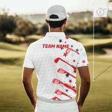 Load image into Gallery viewer, Man on a golf course wearing a white polo shirt with 'Team Name' printed on the back.