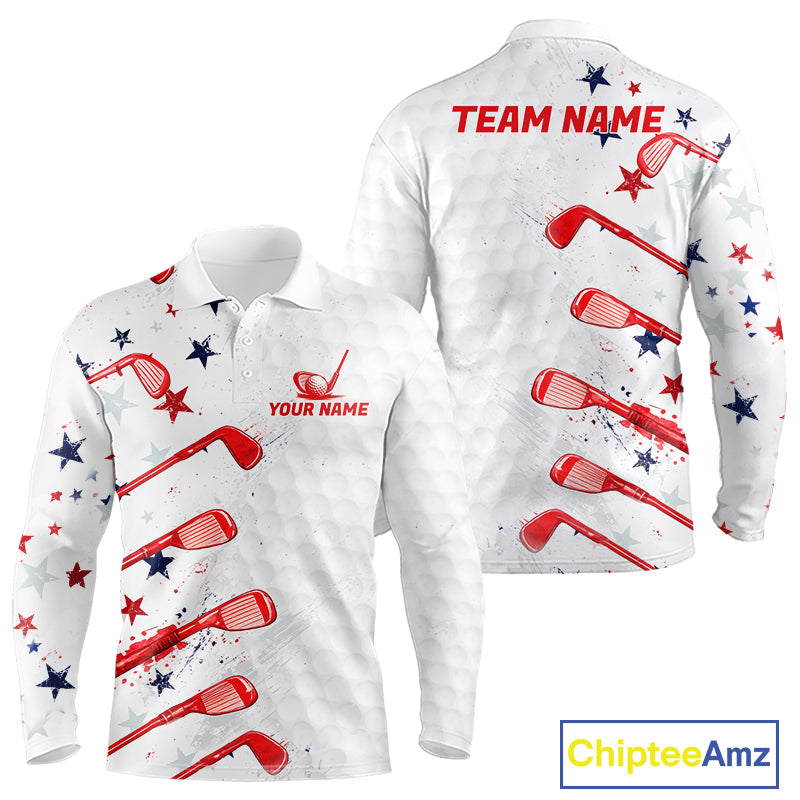 White long-sleeve shirt with red lacrosse stick and star pattern, customizable text, and Chiptee Amz branding.