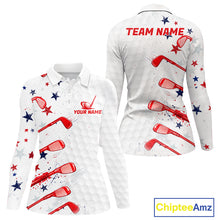 Load image into Gallery viewer, White long-sleeve shirt with red sports equipment design and 'Team Name' text