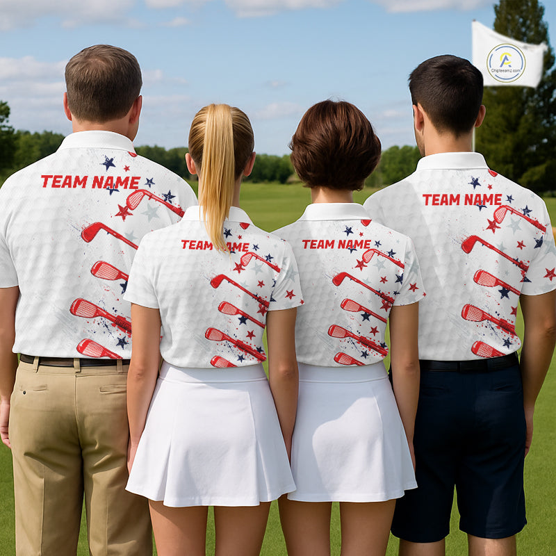 Four people in matching golf outfits with 'Team Name' on the back, standing on a golf course.