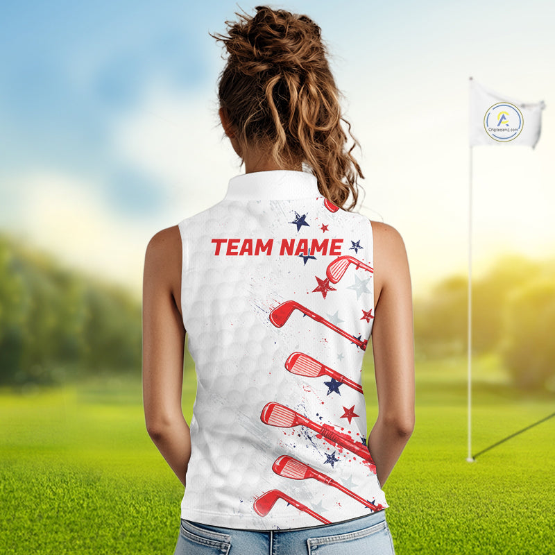 Woman wearing a white sleeveless shirt with red sports equipment graphics and 'TEAM NAME' text on a golf course.