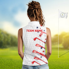 Load image into Gallery viewer, Woman wearing a white sleeveless shirt with red sports equipment graphics and 'TEAM NAME' text on a golf course.