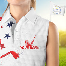 Load image into Gallery viewer, White sleeveless shirt with red golf club and star design, customizable with 'Your Name'.