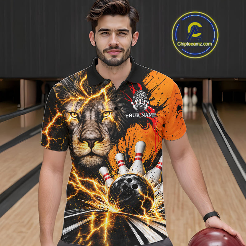 Custom Black And Orange Lion Bowling Polo Quarter Zip Shirts For Men, Lion Team Bowling Jerseys NBT1220