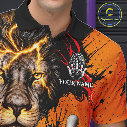 Custom Black And Orange Lion Bowling Polo Quarter Zip Shirts For Men, Lion Team Bowling Jerseys NBT1220