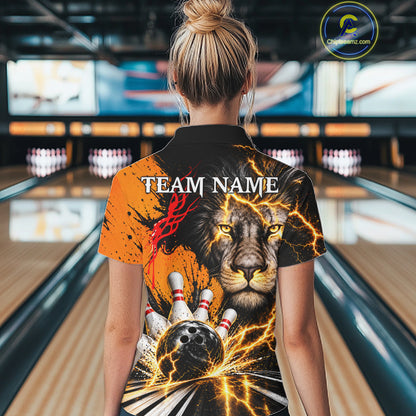 Custom Black And Orange Lion Bowling Polo Quarter Zip Shirts For Women, Lion Team Bowling Jerseys NBT1220