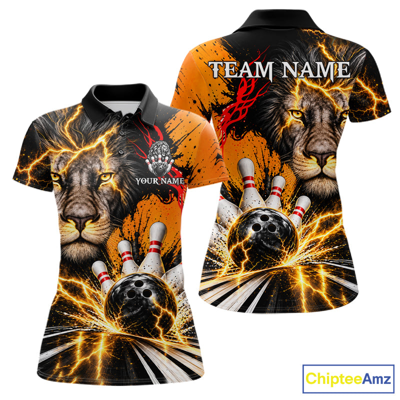 Custom Black And Orange Lion Bowling Polo Quarter Zip Shirts For Women, Lion Team Bowling Jerseys NBT1220