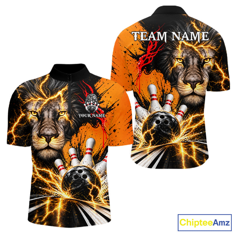 Custom Black And Orange Lion Bowling Polo Quarter Zip Shirts For Men, Lion Team Bowling Jerseys NBT1220
