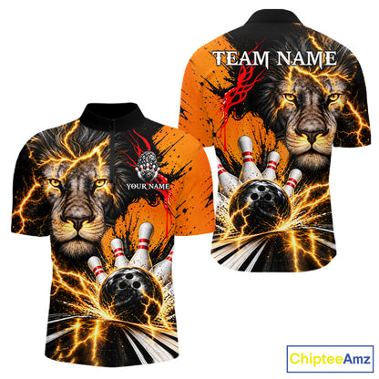 Custom Black And Orange Lion Bowling Polo Quarter Zip Shirts For Men, Lion Team Bowling Jerseys NBT1220