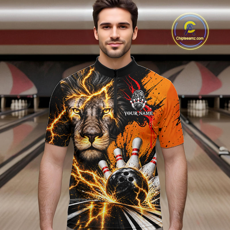 Custom Black And Orange Lion Bowling Polo Quarter Zip Shirts For Men, Lion Team Bowling Jerseys NBT1220