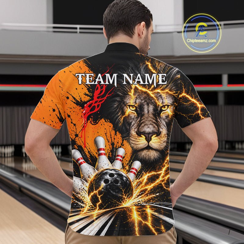 Custom Black And Orange Lion Bowling Polo Quarter Zip Shirts For Men, Lion Team Bowling Jerseys NBT1220