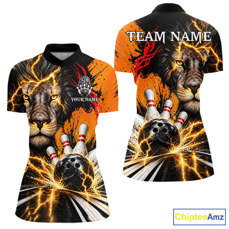 Custom Black And Orange Lion Bowling Polo Quarter Zip Shirts For Women, Lion Team Bowling Jerseys NBT1220
