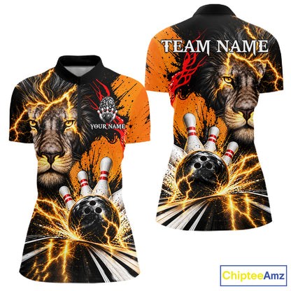 Custom Black And Orange Lion Bowling Polo Quarter Zip Shirts For Women, Lion Team Bowling Jerseys NBT1220