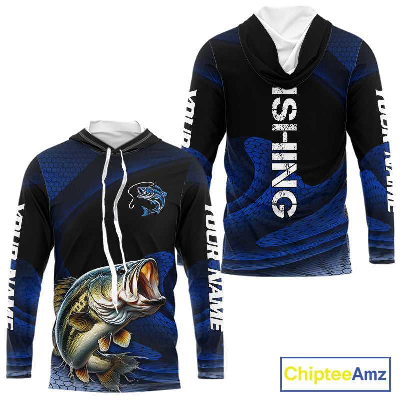 Front and back view of personalized camo bass long sleeve hooded fishing shirt with personalized name on sleeves 