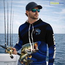 Load image into Gallery viewer, Angler wearing personalized camo bass long sleeve hooded fishing shirt on a boat