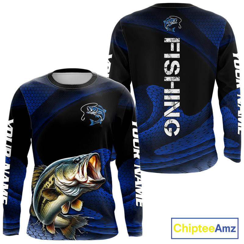 Front and back view of Custom Blue Camo Bass Fishing Shirt Long Sleeve with Personalized Name on Sleeves 