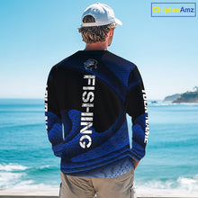 Load image into Gallery viewer, Fisherman on the water wearing custom name blue camo bass fishing long sleeve shirt