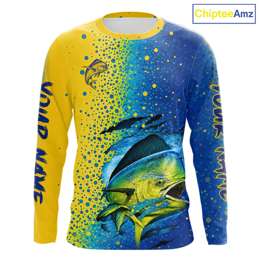 Front view of custom Mahi Mahi saltwater fishing shirt long sleeve UV protection
