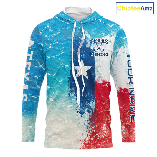 Front view of Texas Bass Fishing ocean camo hooded shirt with Texas flag design