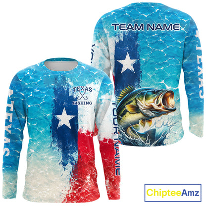 Texas Bass Fishing Texas Flag, Blue Sea Wave Ocean Camo Long Sleeve Bass Fishing Shirt  NBT866
