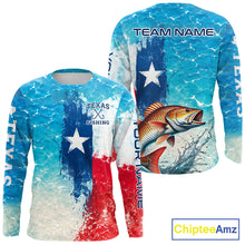 Load image into Gallery viewer, Texas Redfish Fishing Texas Flag, Blue Sea Wave Ocean Camo Long Sleeve Redfish Fishing Shirt NBT867