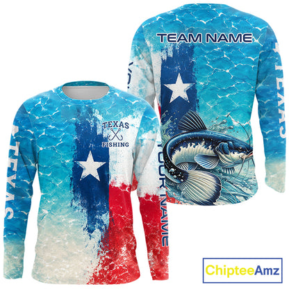 Texas Catfish Fishing Texas Flag, Blue Sea Wave Ocean Camo Long Sleeve Catfish Fishing Shirt NBT868