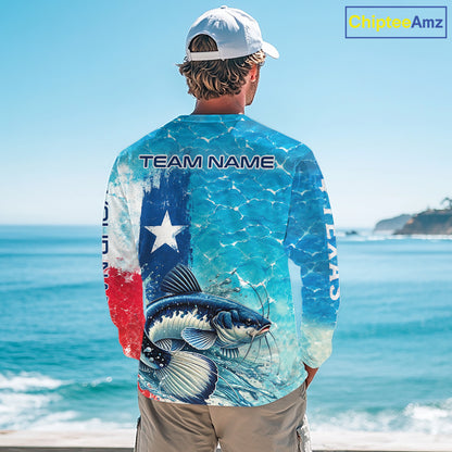 Texas Catfish Fishing Texas Flag, Blue Sea Wave Ocean Camo Long Sleeve Catfish Fishing Shirt NBT868