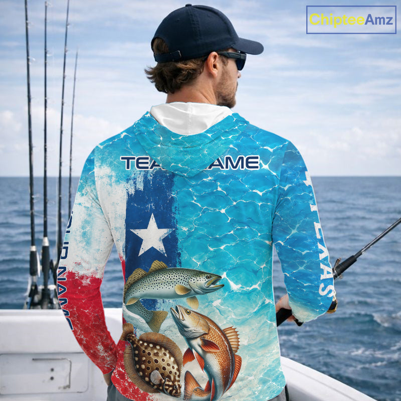 Angler wearing Texas Slam Fishing Long Sleeve Hooded Fishing Shirt with Personalized Name on sleeves and team name on the back - Chipteeamz.