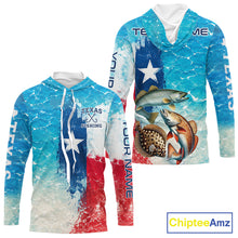 Load image into Gallery viewer, Front and back view of Texas Slam Fishing ocean camo hooded shirt with Texas flag design