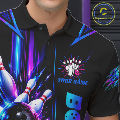 Custom Neon Bowling Polo Quarter Zip Shirt For Men Personalized Team Jersey Bowling League NBT1108