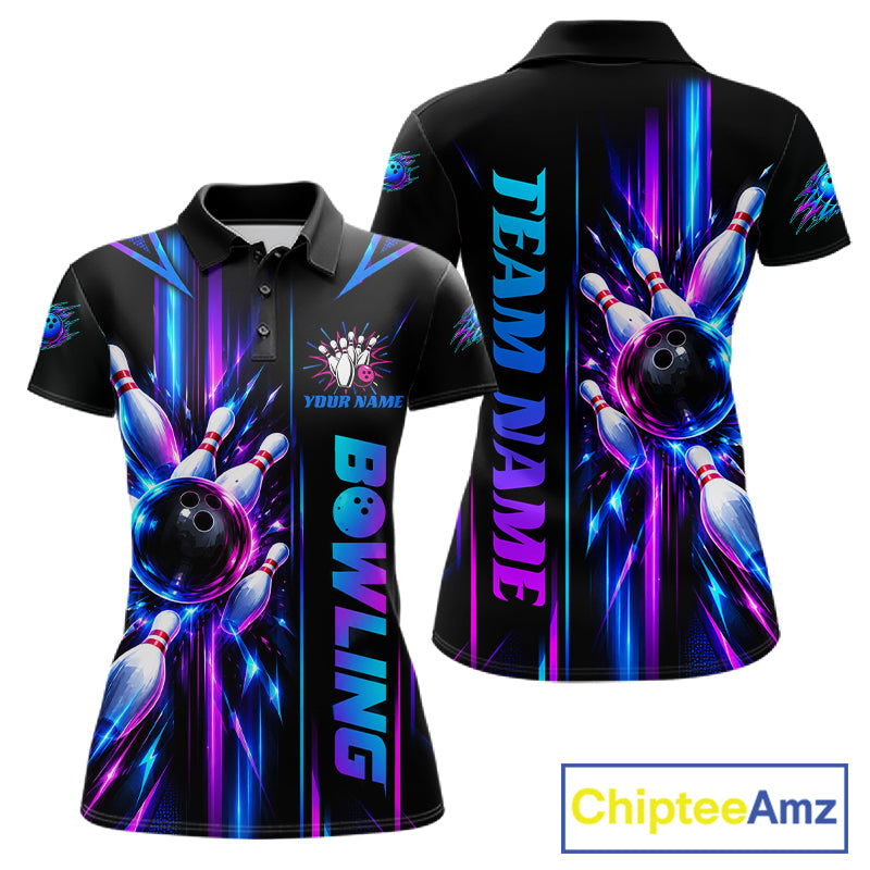 Custom Neon Bowling Polo Quarter Zip Shirt For Women Personalized Team Jersey Bowling League NBT1108