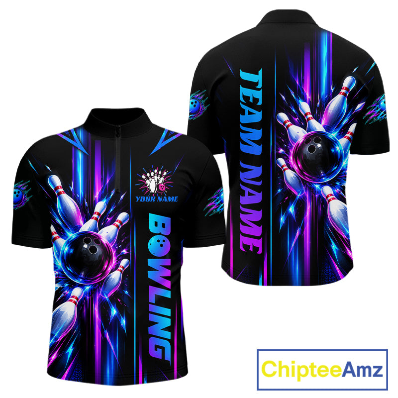 Custom Neon Bowling Polo Quarter Zip Shirt For Men Personalized Team Jersey Bowling League NBT1108