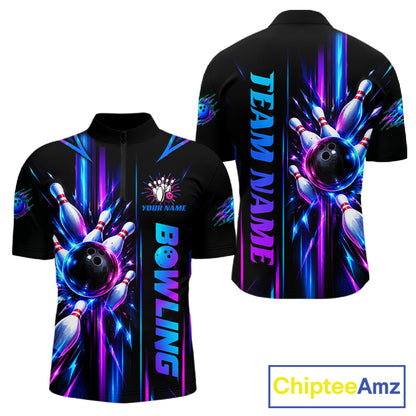 Custom Neon Bowling Polo Quarter Zip Shirt For Men Personalized Team Jersey Bowling League NBT1108