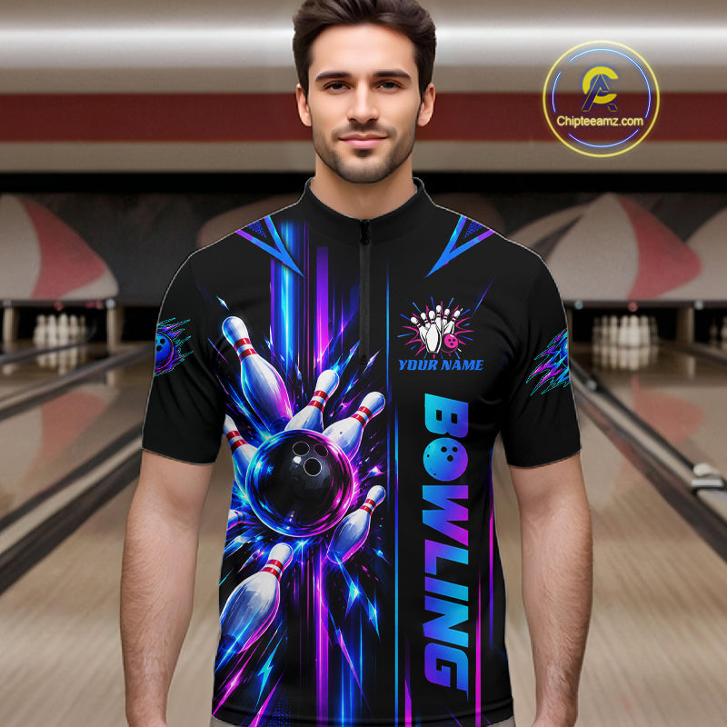 Custom Neon Bowling Polo Quarter Zip Shirt For Men Personalized Team Jersey Bowling League NBT1108