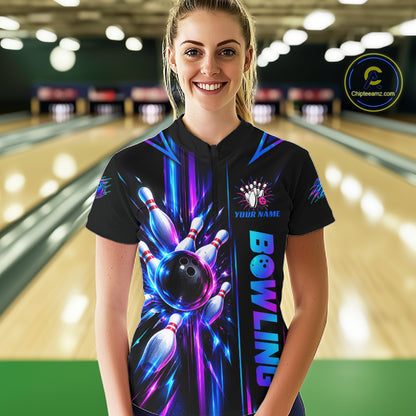 Custom Neon Bowling Polo Quarter Zip Shirt For Women Personalized Team Jersey Bowling League NBT1108