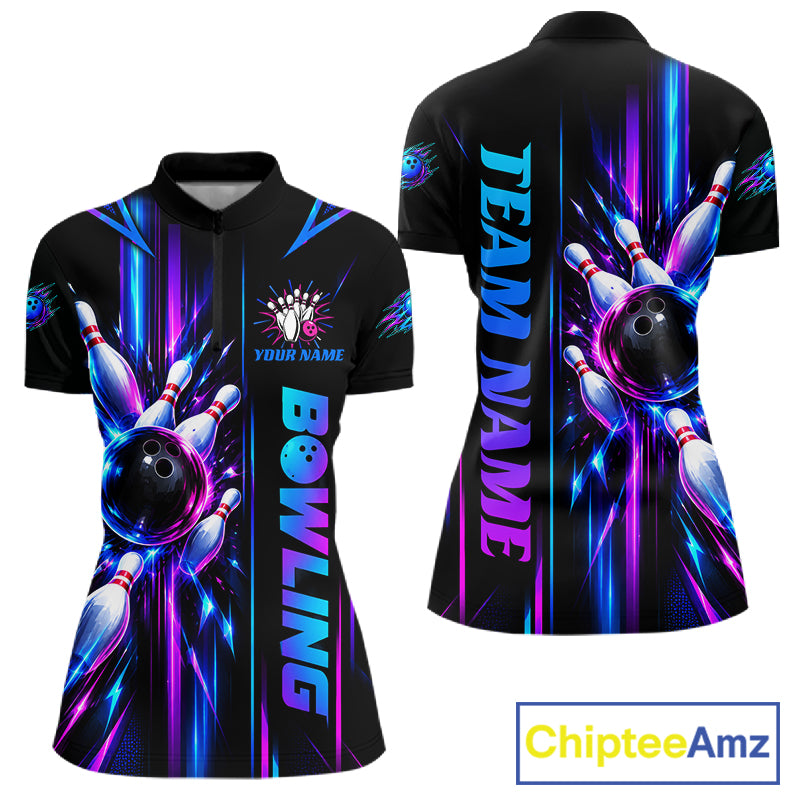 Custom Neon Bowling Polo Quarter Zip Shirt For Women Personalized Team Jersey Bowling League NBT1108