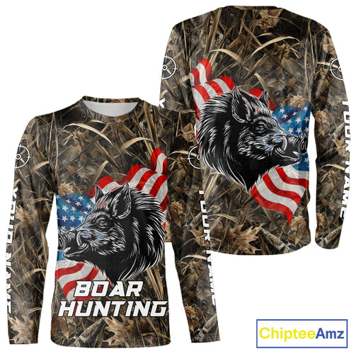 Custom Wild Boar Hunting Camo Full Printing US Flag Shirts Boar Hunting Gifts for Hunters NBT257