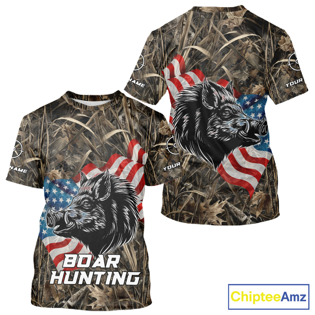 Custom Wild Boar Hunting Camo Full Printing US Flag Shirts Boar Hunting Gifts for Hunters NBT257