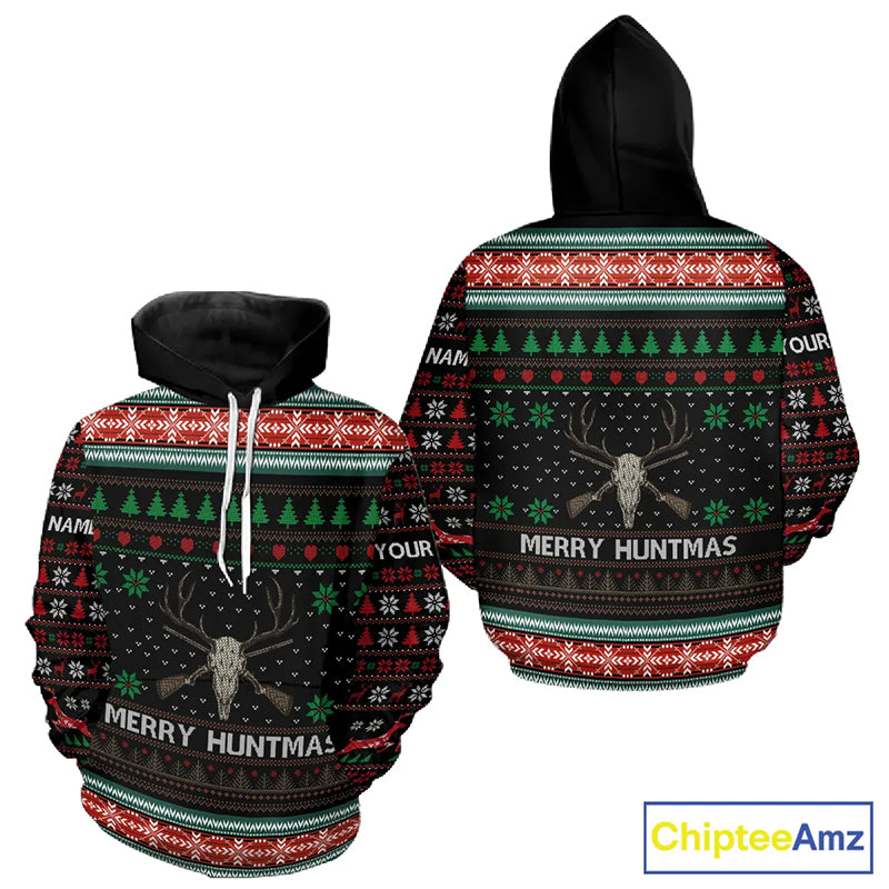 Merry Huntmas Deer Hunting Skull Custom Name Ugly Christmas All Over Printed Shirts, Christmas Gift NBT299
