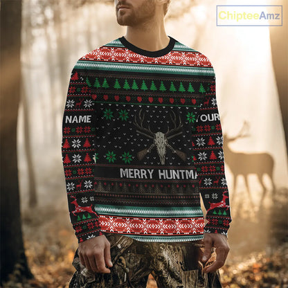 Merry Huntmas Deer Hunting Skull Custom Name Ugly Christmas All Over Printed Shirts, Christmas Gift NBT299