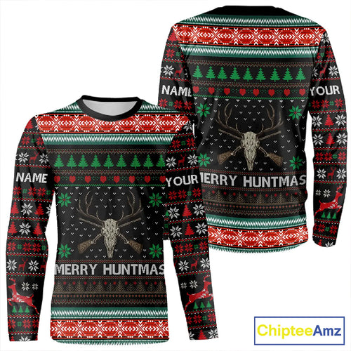 Merry Huntmas Deer Hunting Skull Custom Name Ugly Christmas All Over Printed Shirts, Christmas Gift NBT299