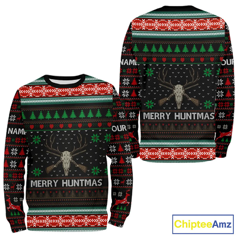 Merry Huntmas Deer Hunting Skull Custom Name Ugly Christmas All Over Printed Shirts, Christmas Gift NBT299