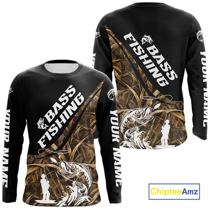 Personalized Largemouth Bass Tatto Grass Camo Customized Long Sleeve Fishing Tournament Shirts NBT355