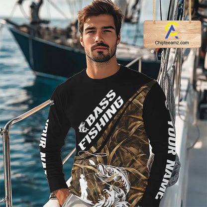 Personalized Largemouth Bass Tatto Grass Camo Customized Long Sleeve Fishing Tournament Shirts NBT355