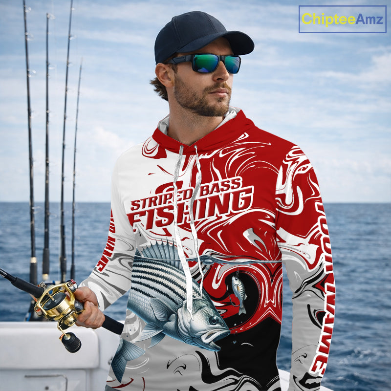 Blue Camo Striped Bass Fishing Hooded Custom Shirts, Striped Bass Team Fishing Jerseys NBT1030