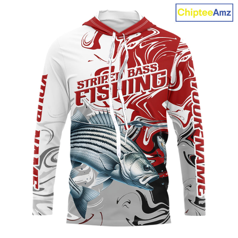 Blue Camo Striped Bass Fishing Hooded Custom Shirts, Striped Bass Team Fishing Jerseys NBT1030