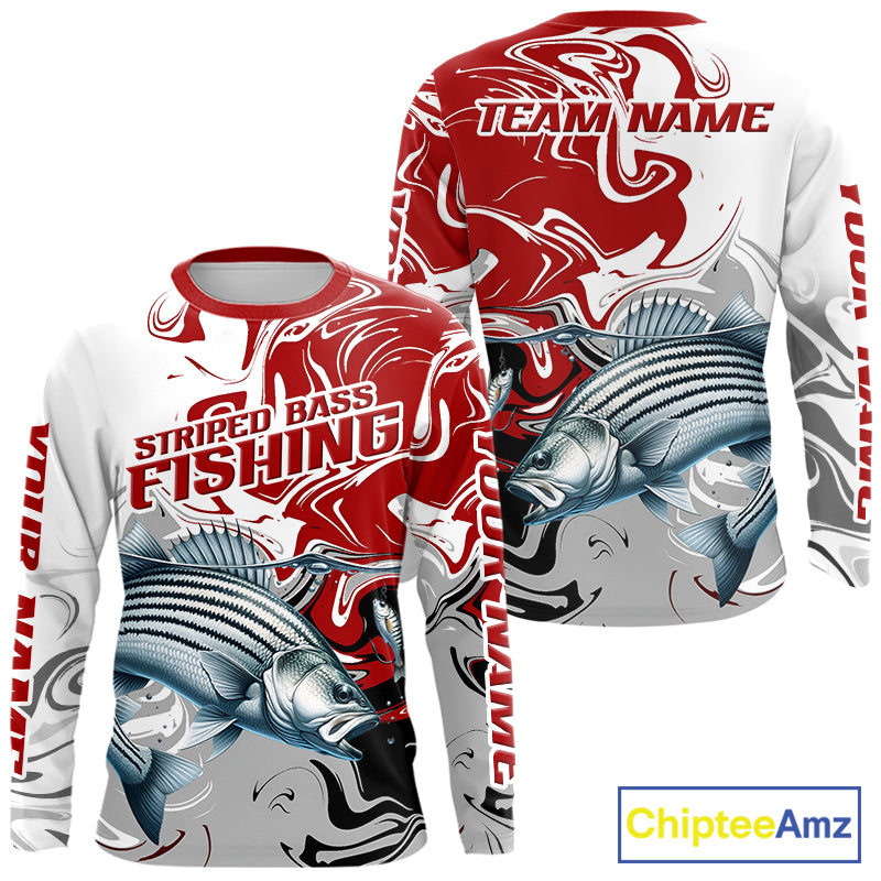 Red Camo Striped Bass Fishing Custom Shirts, Striped Bass Team Fishing Jerseys NBT1030