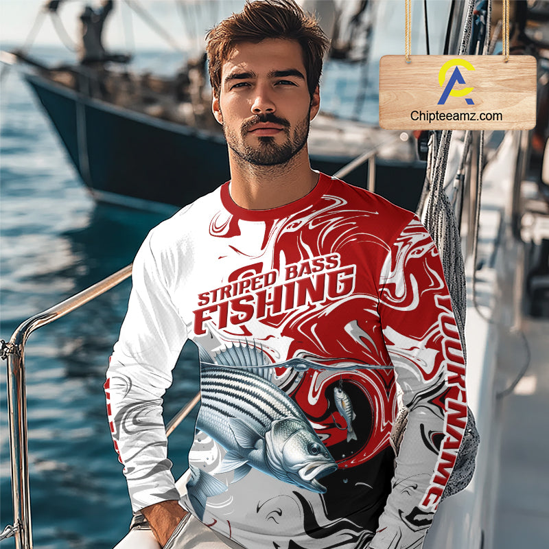 Red Camo Striped Bass Fishing Custom Shirts, Striped Bass Team Fishing Jerseys NBT1030
