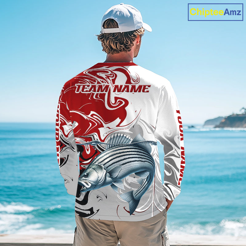Red Camo Striped Bass Fishing Custom Shirts, Striped Bass Team Fishing Jerseys NBT1030